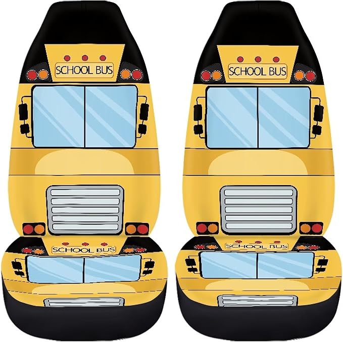 Car Seat Covers Set of 2 Universal Funny School Bus Front Seat Cover Fit for Cars Truck SUV Van, Stretch Polyester Fabric Cover Protection Interior Accessories, Easy to Install