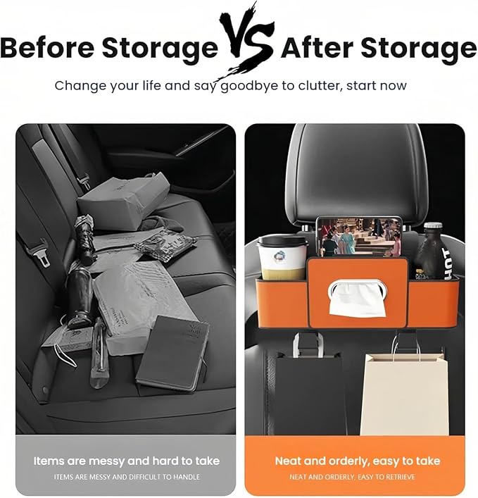 Car Organizers and Storage Box, 2026 New Multifunctional Car Seat Back Storage Box, Multifunctional Car Back Seat Storage Organizer-Carstorage Bag with 2 Cup Holders, Tissue Box, Hooks (Brown)
