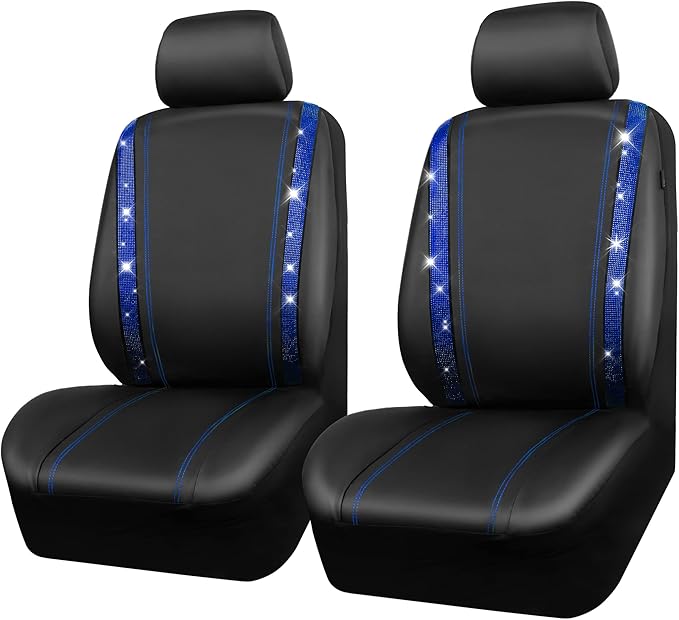 CAR PASS Leather Diamond Bling Car Seat Covers 2 Front Interior Sets, Waterproof Universal Shining Glitter Crystal Sparkle Fit for 95% Automotive Truck SUV Cute Women Girl, Black Blue Rhinestone