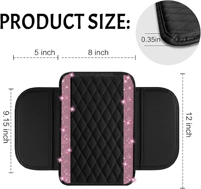NBTEPEM Bling Car Center Console Cover, Leather Car Arm Rest Cover Cushion with 2 Storage Bags, Universal Automotive Armrest Protector Storage Box, Bling Accessories Interior for Most Vehicles (Pink)