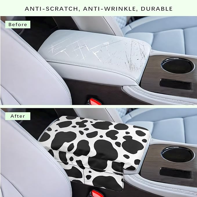 Dreaweet Cow Print Arm Rest Cover for Car Women Thick Center Console Cover with Pockets Cute Car Accessories Armrest Cover for SUV Truck Comfy Anti Scratch Center Console Armrest Pad