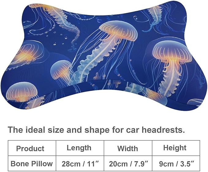 Car Seat Head & Neck Rest Pillow - Auto Headrest Bone Shape Pillow Cushion Soft and Comfortable for Travel, 2 Piece Compatible with Underwater Blue Jellyfish