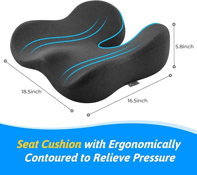 Seat Cushion for Tailbone & Sciatica Pain Relief - Plush Yet Supportive Ergonomic Memory Foam Chair Cushions for Office Chair, Car, Wheelchair,Airplane & Long Sitting (Gray)