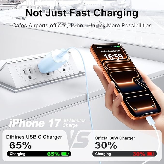Phone 17 16 15 Charger Fast Charging,30W USB C Phones 17 16 15 Pro Max Charger Block &6.6FT Long Type C Cable Cord for i.Phone 17/17 Air/17Pro/17 Pro Max/16/16 Plus/16 Pro/16Pro Max/15/15 Pro Max,Blue