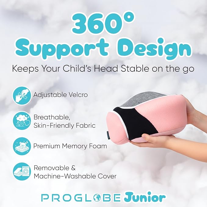 Proglobe Junior Kids Travel Neck Pillow - Ergonomic Memory Foam Pillow for Airplane, Car, Booster Seat - Soft, Washable, Compact Travel Pillow with Strap - Light Pink - Ages 4-13
