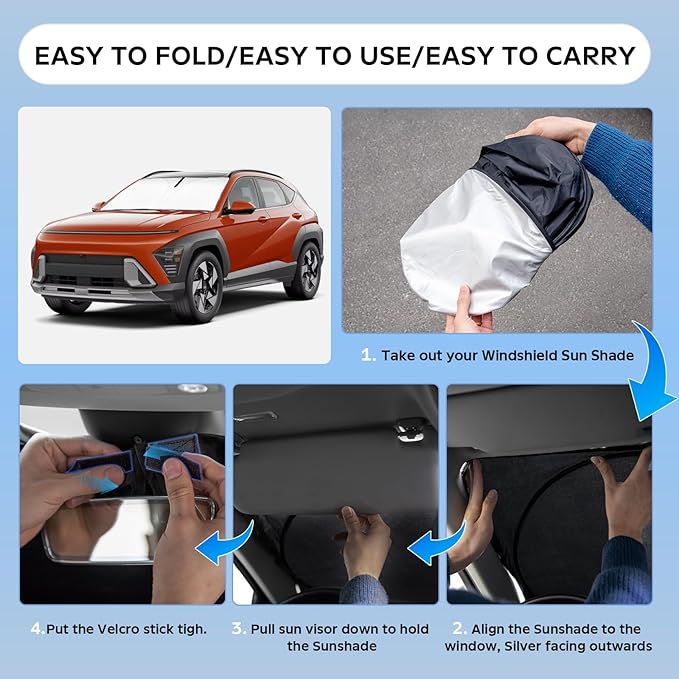 Sun Shade Sunshade for Hyundai Kona 2018-2024 2025 Windshield Cover, 4-Layers Sun Shield 250T Silver Sun Visor Foldable Front Window Shades Blocks UV Rays Car Accessories