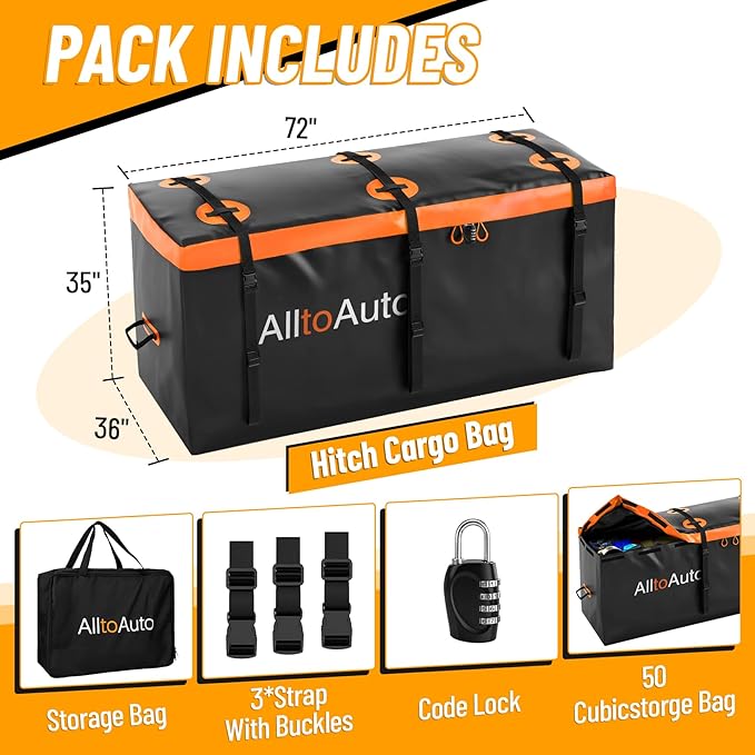50 CuFt Waterproof Cargo Bag for Hitch Carrier | 72"x36"x35" Trailer Hitch Cargo Carrier | Weatherproof Truck Bed Storage with Straps, Lock & Carry Case | PVC Vehicle Soft-Shell Carriers