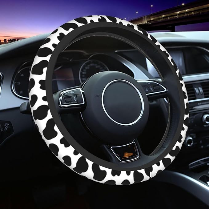 Cow Print Steering Wheel Cover - Cattle Print Steering Wheel Cover Anti-Slip Breathable Universal for with 2 Pieces Car Coasters Suitable for Men Women