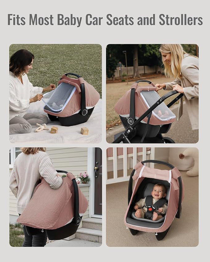 Blissful Diary Baby Car Seat Cover, Extra Large Mesh Window, Breathable Muslin Cotton, Infant Windproof Canopy-Dusty Pink