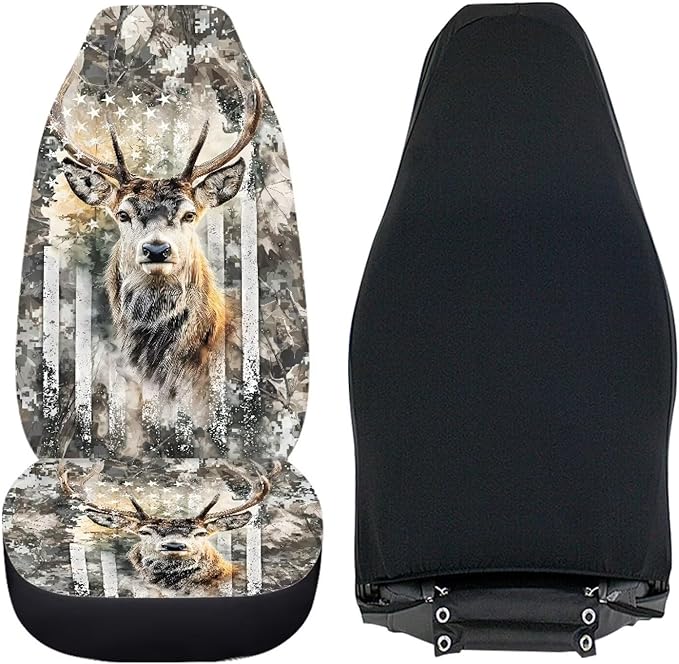 ELEQIN Deer Camo US Flag Car Seat Covers Two Front Only for Car, Automotive Interior Covers, Quick Setup Universal Fit Seat Covers for Car, Truck, SUV