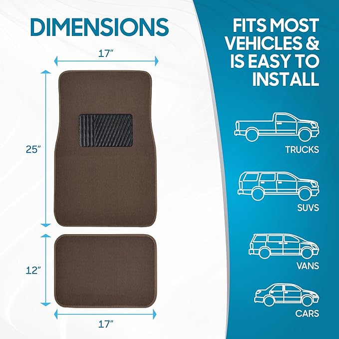 BDK Premium Dark Beige Carpet Floor Mats for Cars - Universal Fit Interior 4-Piece Car Mats Full Set with Vinyl Heel Pad Protector - Cute Car Accessories Interior Floor Covers for SUVs & Trucks