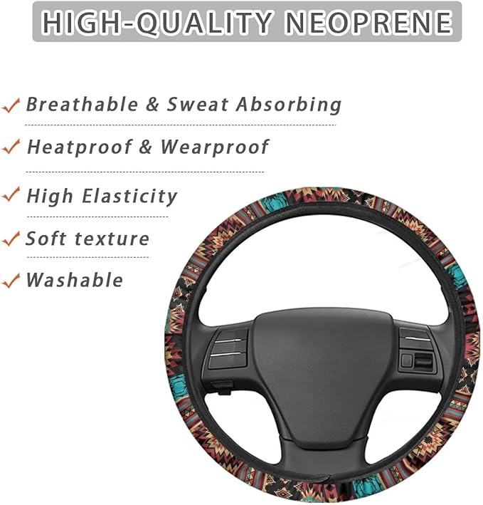 SEANATIVE Car Steering Wheel Cover for Men Breathable Anti Slip Auto Steering Wheel Covers fit Standard Size 15inches, Brown Aztec Geometric Print