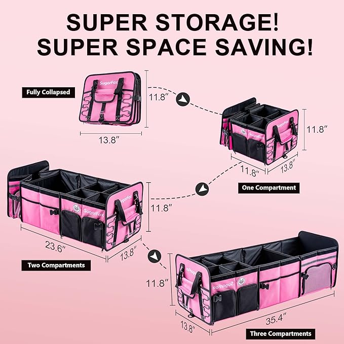 SugarFox Bold Color Block Trunk Organizer | 95L, 35"x13.8"x11.8" | Dedicated Shoe Storage & 26L Ice Pack | Foldable for SUV/Car/Jeep | Stylish Gift & Car Accessories for Men & Women - Pink-X212