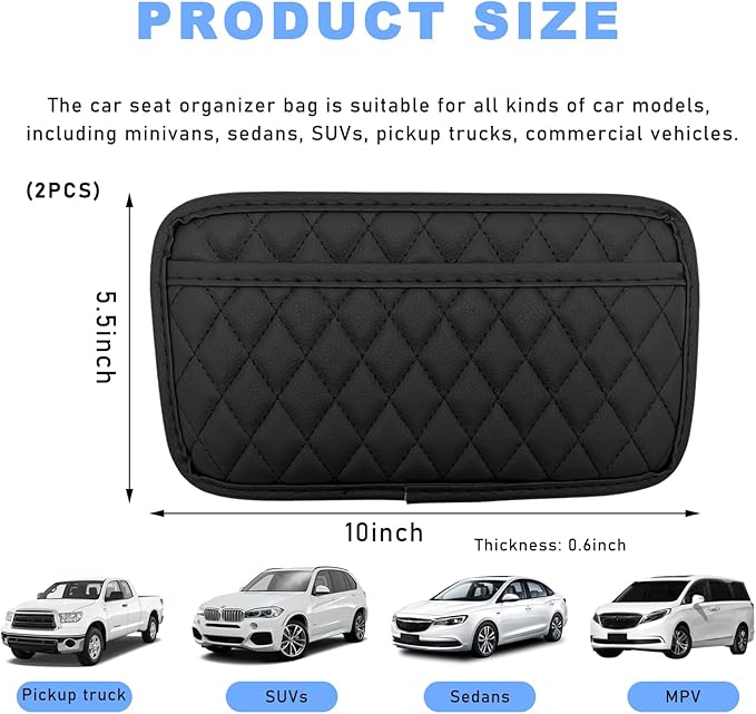 2 PCS Car Side Pocket Organizer, Waterproof Leather Self-Adhesive Automotive Storage Pocket Pouch, Universal Seat Gap Storage Bag for Phone Card Sunglasses, Car Accessories (Large)