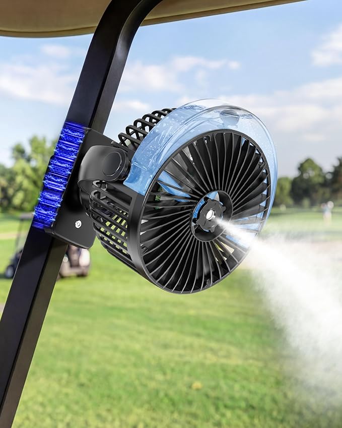 BOYISEN Magnetic Golf Cart Fan with Misting, 12000mAh Battery Operated Portable Fan 4 Speeds, LED Lantern, Universal Fit for EZGO Club Car Yamaha, Cruise Ship Accessories Travel Essentials