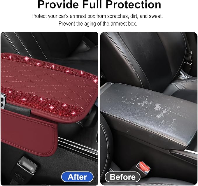 NBTEPEM Bling Burgundy Red Car Center Console Cover, Leather Car Arm Rest Cover with 2 Storage Bags, Universal Auto Armrest Protector Storage Box, Bling Accessories Interior for Most Vehicles