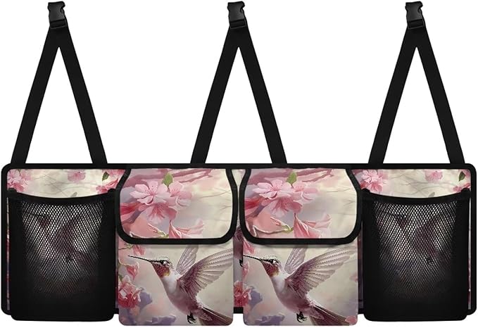 Pink Hummingbird Print Car Trunk Organizer, Foldable Auto Back Seat Storage Bag with 4 Pockets Universal Hanging Car Trunk Accessories for Most SUVs Sedans Trucks