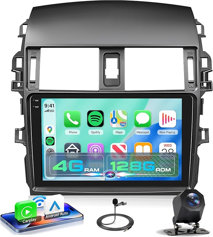 4Core 4G+128G Android 15 Car Radio for Toyota Corolla 2009-2013, Rimoody Car Stereo Wireless Carplay Andorid auto Mirror Link 9'' HD Touchscreen GPS WiFi Bluetooth 5.0 FM/RDS EQ-32 SWC Backup Camera