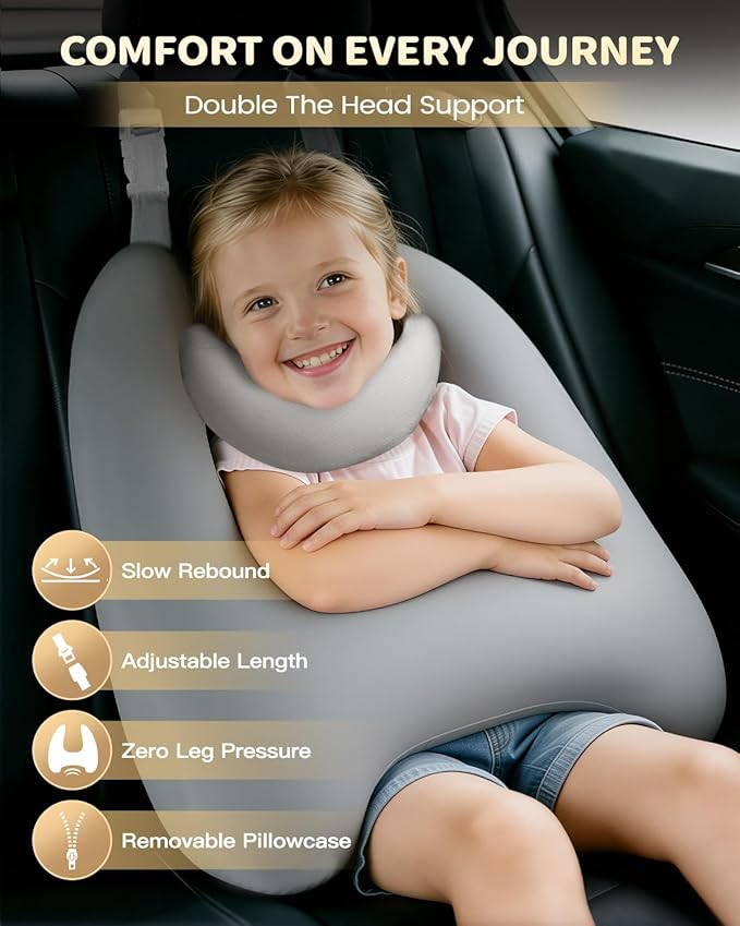 Memory Foam Kids Travel Pillow, Car Pillow for Kids, H-Shape Car Pillows for Sleeping, Removable Pillowcase, Adjustable, Porous Dots, Grey