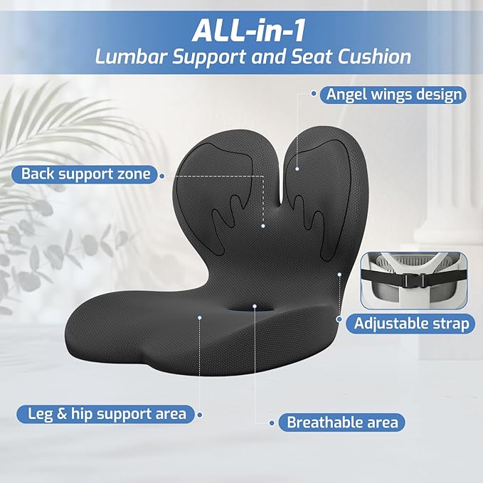 Memory Foam Seat Cushion,Orthopedic Ergonomic Seat Cushions for Tailbone,Sciatica, and Back Pressure Relief,L-Shaped Design & Adjustable Strap,Lumbar Support Pillow for Office,Car,Desk Chair