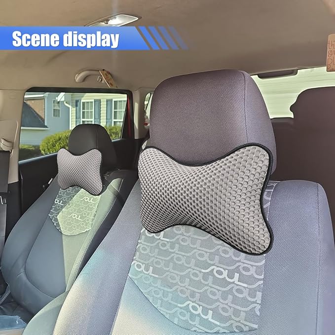 2PCS Car Headrest Pillow, Breathable Leather Car Neck Pillow, Soft Cloud Silk Cotton Neck Support Relief Cushion, Comfortable Automotive Seat Head Rest Pad for Driving Fatigue Relief (Grey)