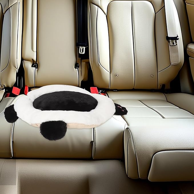 Panda Plush Car Seat Cushion with Lumbar Support for Drivers and Office Chairs, Black Rabbit Fur Blend Round Automotive Seat Pad for Comfortable Driving and Elderly Use