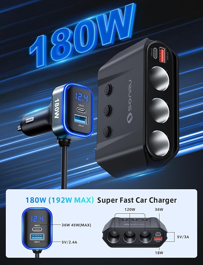7 in 1 Cigarette Lighter Splitter, SONRU 180W (max 192W) 3-Socket Car Cigarette Lighter Adapter with Dual PD 36W/QC3.0 Fast Charging (3.7FT Cable) 12V/24V Independent Switches & LED Voltage Display