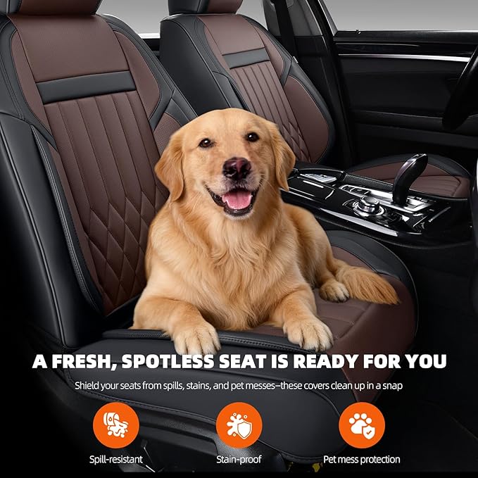 KEYOOG 2-Seater Waterproof and Breathable Nappa Leather Car Seat Covers Full Set, Fit for Front Seats of Cars, Compatible with Airbags, Car Seat Protector Covers for Most Cars - Black Coffee