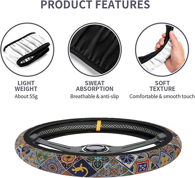 Car Steering Wheel Cover for Women Men, Non-Slip Mexican Talavera Tiles Steering Wheel Protector, Universal 14"-15" Fit for Cars, SUVs, Trucks (Mexican Talavera Tiles)