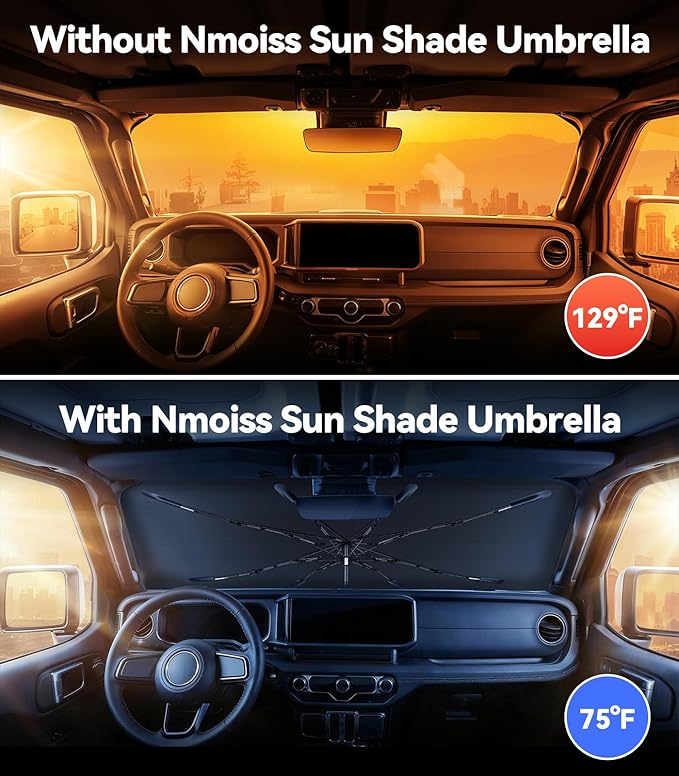 Windshield Sun Shade Umbrella for Jeep - [Vinyl Coating Heat Shield] Protect Car from Sun Rays & Heat Damage Keep Cool and Protect Interior, Spring Structure Edge