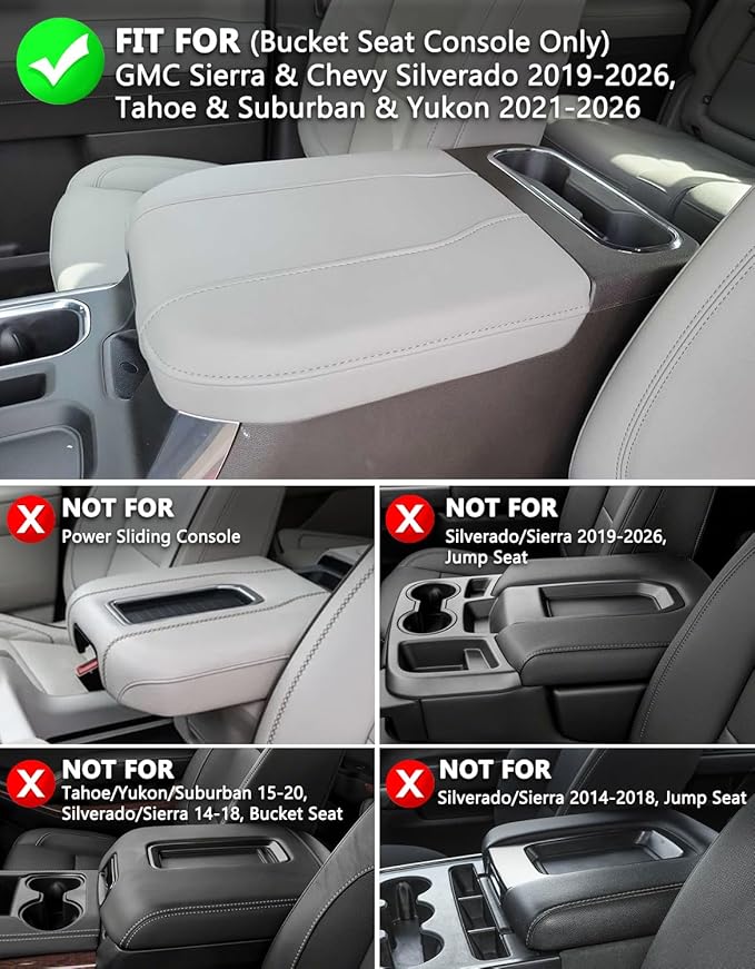 KBH Center Console Armrest Cover for 2019-2026 Chevy Silverado & GMC Sierra, 2021-2026 Tahoe & Suburban & Yukon Accessories, Vinyl Leather, Gideon Gray (Fits Bucket Seat Console Only)