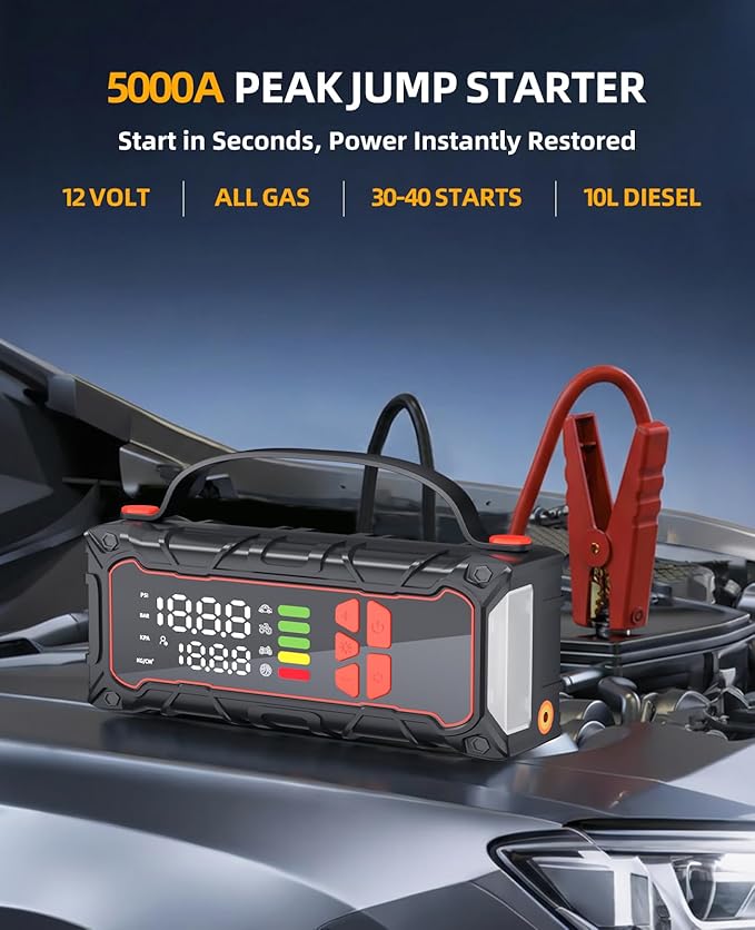 5000A Car Battery Jump Starter with Air Compressor 160PSI, Car Battery Charger 7.0L Gas/6.0L Diesel, Jumper Box for Car Battery with Tire Inflator & Power Bank& Jumper Cables, Mother's Day