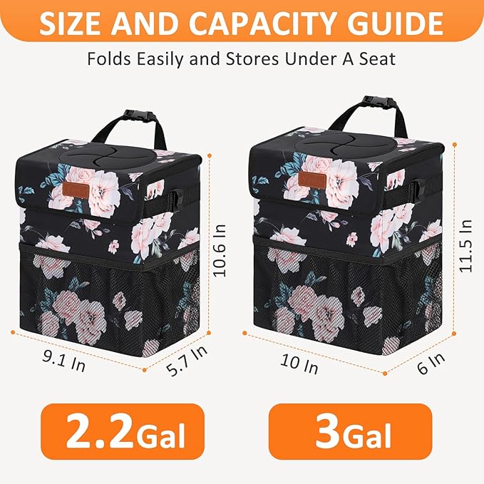Vankor 3 Gallons Car Trash Can with Lid, Car Bag Bin Hanging Waterproof Automotive Garbage Cans Leak Proof Vehicle Trash Can Black Floral