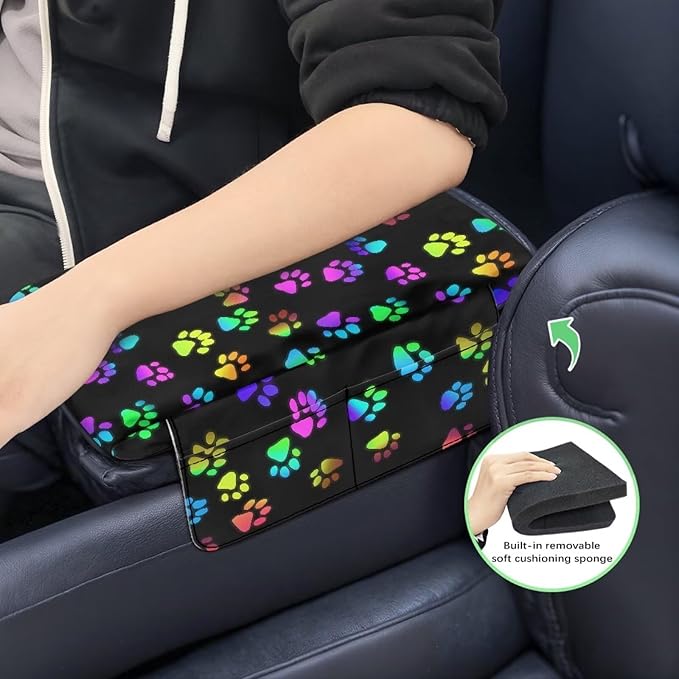 Dreaweet Colorful Dog Paw Print Center Console Cover Thick Arm Rest Cover for Car Women Cute Car Accessories Interior Middle Console Cushion Cover Pad with Pockets