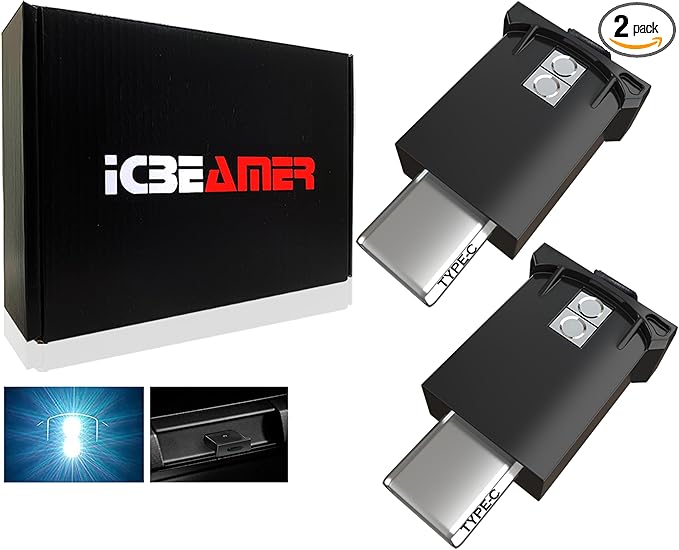 ICBEAMER Type C Adapters USB Ambient Light 2-Pack (White) | Smart Interface, Miniature LED Night Lights for Car Interior, Trunk, Van, Pickup, Easy Plug-in, Enhance Automotive Mood