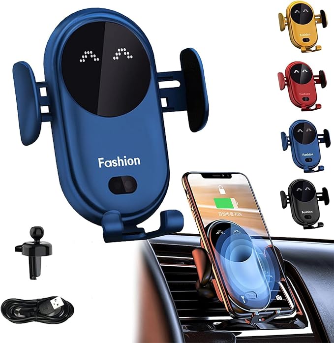 Smart Car Wireless Charger Phone Holder, Fashion Car Charger, Smart Sensor Car Wireless Charger, Automatic PhoneHolder forCar, for All Phone (Blue)