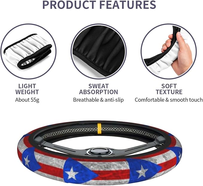Boricua Puerto Rico Flag Steering Wheel Cover Frog Steering Wheel Cover Anti-Slip Breathable Universal for 15 Inch Car with 2 Pieces Car Coasters Suitable for Men Women