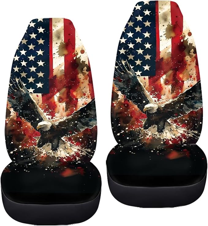 ELEQIN Car Front Seat Covers, Eagle US Flag Print 2 Pack Polyester Automotive Seat ProtectorsSoft & Breathable, Vehicle Interior Accessories for Most Cars