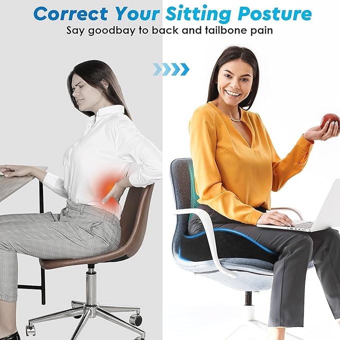 Seat Cushion, Gel Chair Cushions, Office Chair Cushions, Anti-Slip Bottom & Removable Cover Tailbone Pain Relief Cushion, Memory Foam Seat Cushion for Office, Wheelchair, Car (Black)