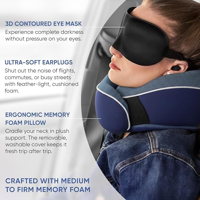 Proglobe Orthopedic Neck Pillow Travel Neck Pillows for Airplanes, Memory Foam Kit, Updated Resting Material, Airplane Travel Set with 3D Contoured Eye Masks, Earplugs, and Luxury Mesh Bag (Blue)