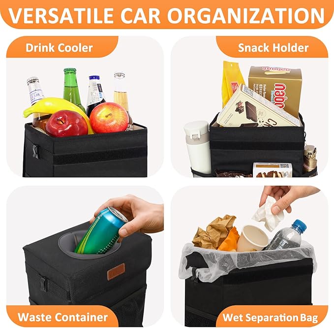 4.2 Gallons Car Trash Can with Lid, Bag Bin Hanging Waterproof Automotive Car Garbage Cans Leak Proof Vehicle Trash Can for Truck SUV,Black