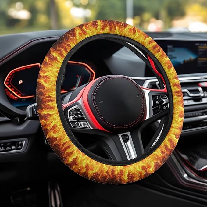 AFPANQZ Steering Wheel Cover for Women, Sweat Absorbing Non-Slip Steering Wheel Protection Case, Flame Print Machine Washable Elastic Flexible Universal 14 to 15 inch