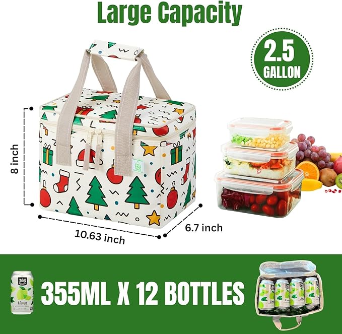 VENO 2 Pack Cooler Bag, Insulated Grocery Bags, Collapsible Cooler, Reusable Shopping Bags for Groceries, Water Resistant, Zippered, 2.5 Gallon (Jingle Mix)