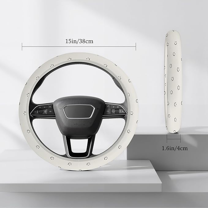 Cute White Steering Wheel Cover Soft Cloth Fabric Car Wheel Covers 14.5 15 Inch Universal Fit Breathable Washable Car Accessory Cool in Summer