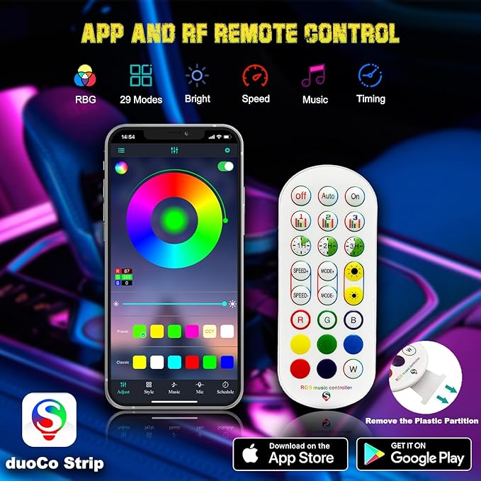 Jushope Interior Car LED Strip Lights, RGB USB Car Ambient Lighting with Wireless APP & Remote Control, Car Accessories Fiber Optifc Lights Sync to Music (5 LED/276 inches)
