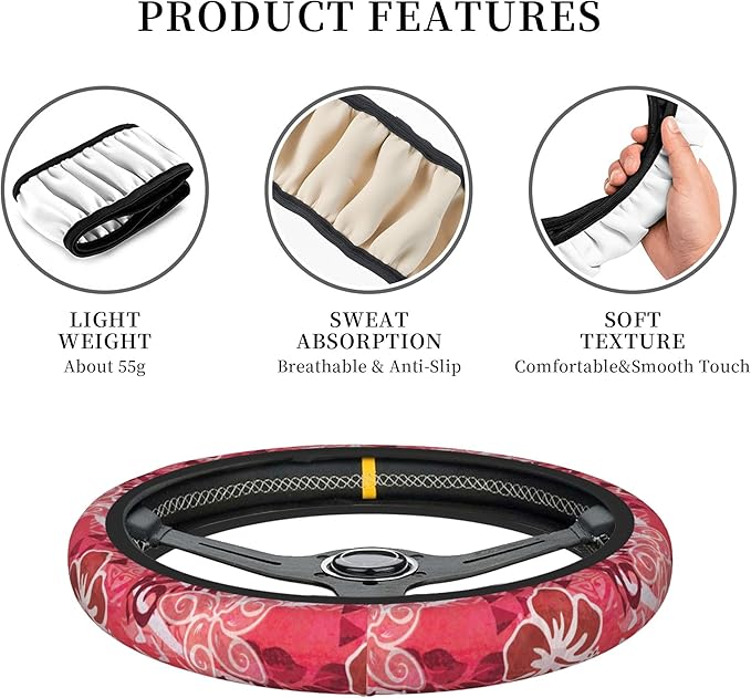 Red Hibiscus Polynesian Tapa Car Steering Wheel Cover 14-15 Inch for Women Men - Stretch Cloth Anti-Slip Wrap Protector Case - Fit Universal Auto Accessories Decor - Sweat Absorption