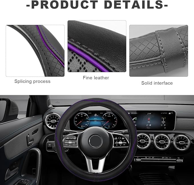 Car Steering Wheel Cover, 15 Inch Anti-Slip Breathable Leather Auto Steering Wheel Protector, Full Surround Soft Steering Wheel Cover for Men Women, Car Interior Accessories (Black & Purple)