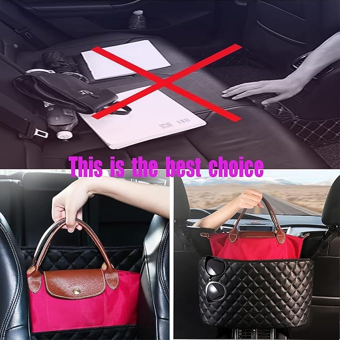 Car Net Pocket Handbag Holder，Purse Holder for Between Seats，Leather Seat Back Organizer Mesh Large Capacity Bag，Handbag Between The Two Seats