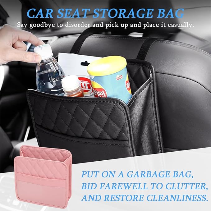Car Seat Back Organizer, Leather Multipurpose Collapsible Vehicle Backseat Hanging Bag, Portable Automotive Interior Seat Storage Organizer, Universal for SUV RV Truck (Pink)