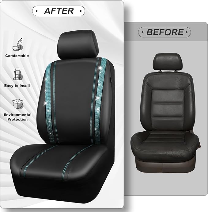 CAR PASS Leather Bling Diamond Car Seat Covers 2 Front Interior Sets, Waterproof Universal Shining Glitter Crystal Sparkle Fit for 95% Automotive Truck SUV Cute Women Girl, Black Mint Rhinestone